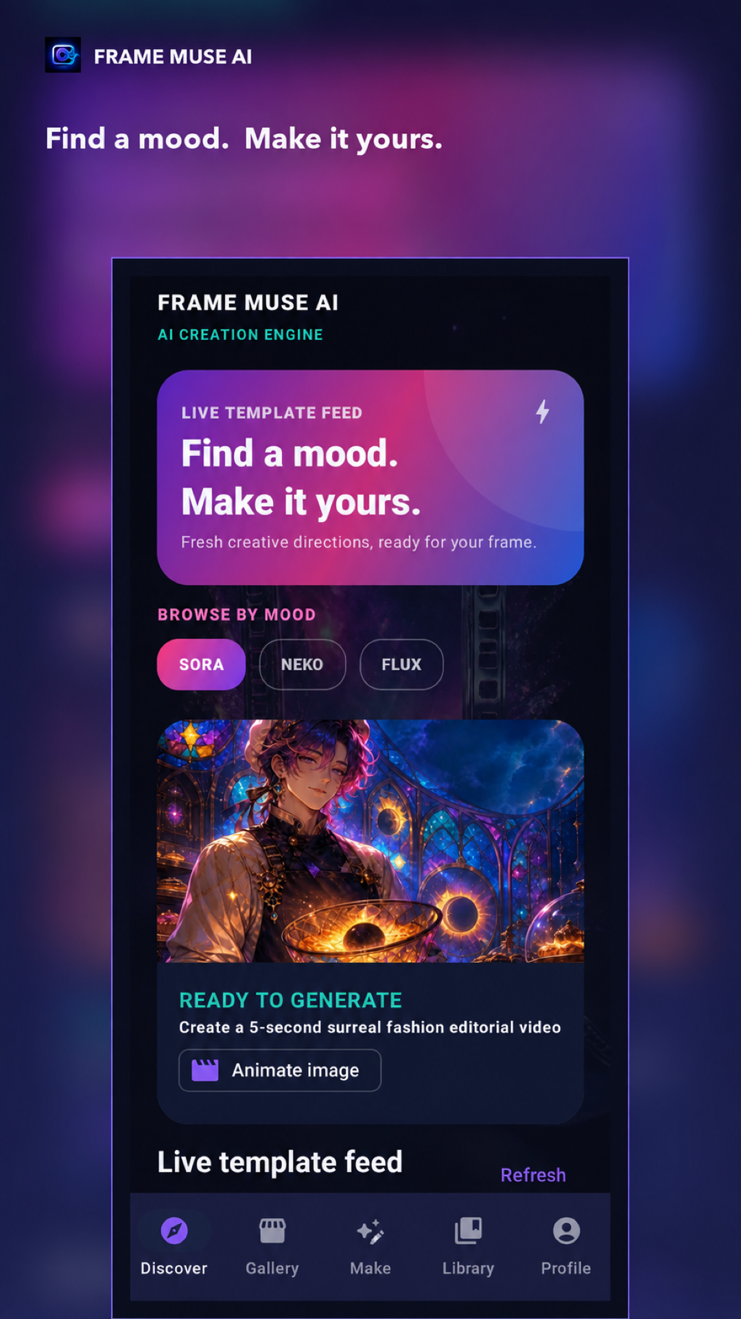 FrameMuse AI App Interface - Find a mood. Make it yours.