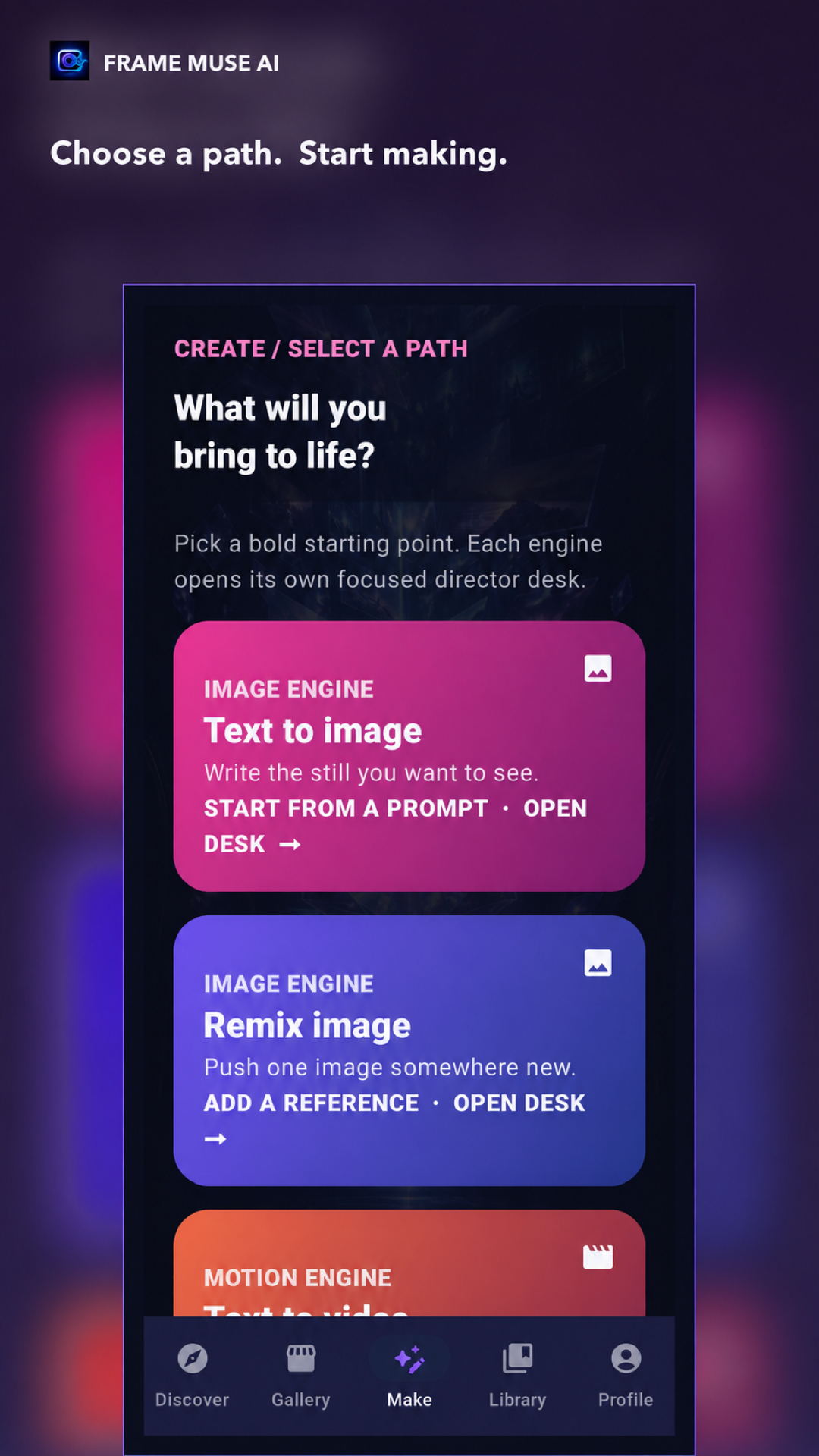 FrameMuse AI - Choose a path. Start making.