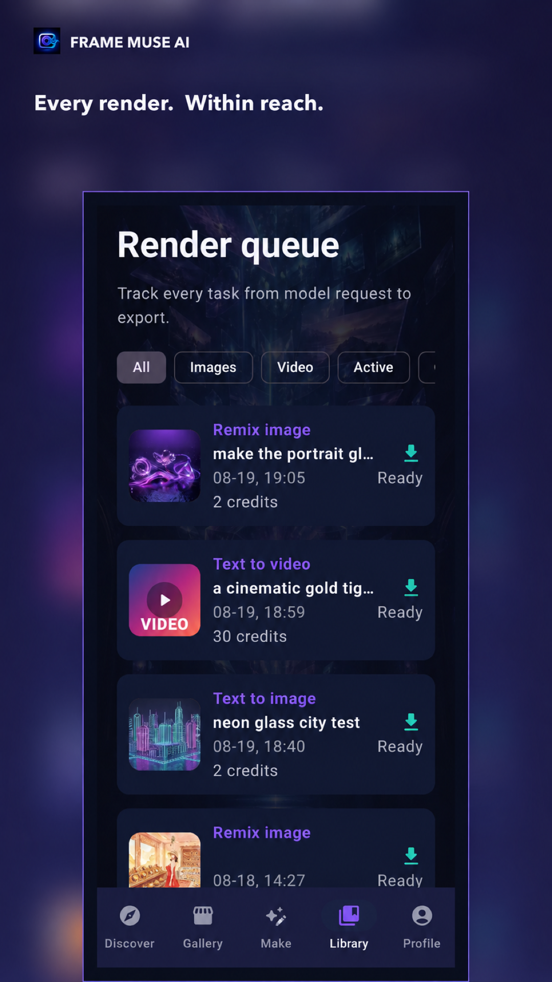 FrameMuse AI - Render queue and library interface
